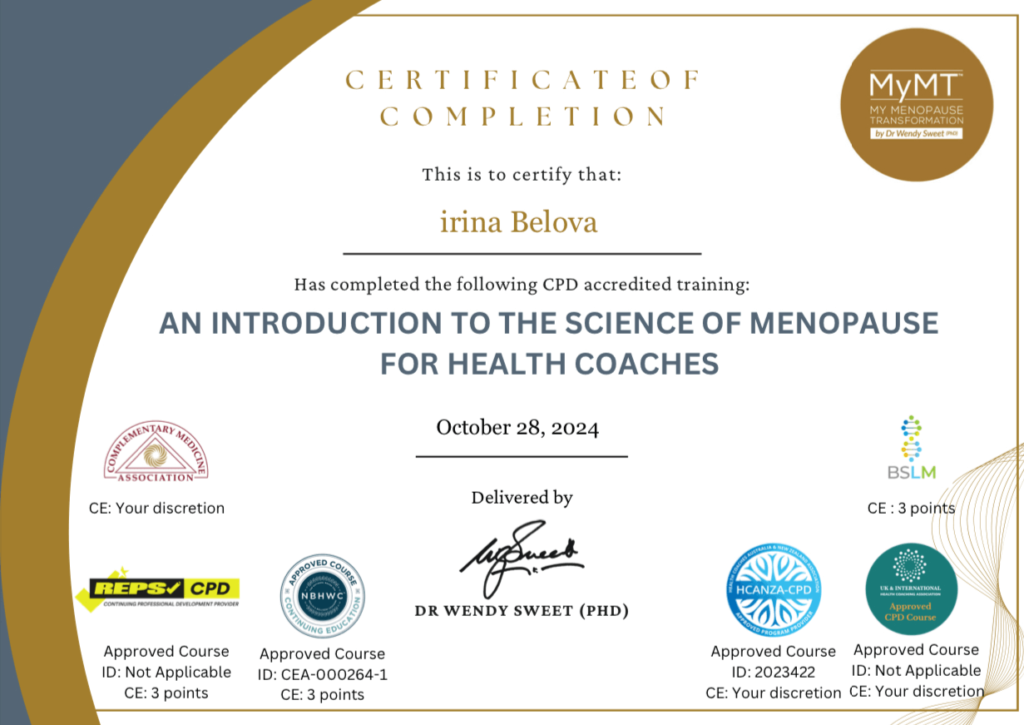 Menopause Course. Dr. Wendy Sweet. New Zealand. Certificate - ibelova.kz (1)